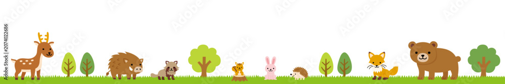 Fototapeta premium ポップでかわいい森の動物たちのフレーム背景イラスト