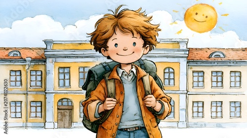 Cheerful boy with backpack standing in front of school building on a sunny day, watercolor illustration