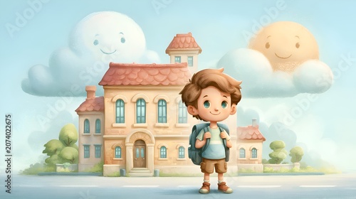 Cute little boy with a backpack standing happily in front of a charming school building under a sky with smiling clouds
