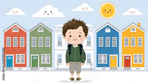 Cute cartoon illustration of a happy young boy with a backpack standing in front of a colorful neighborhood street with smiling sun and clouds