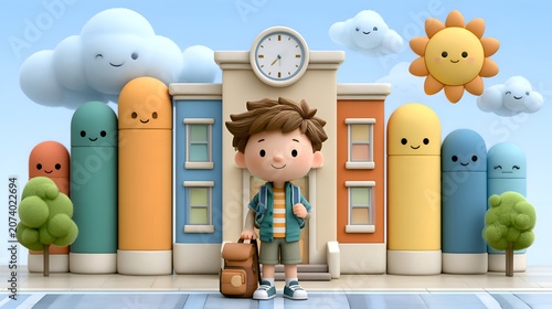 Smiling school boy with backpack standing in front of a cheerful school building surrounded by cute character books and happy clouds