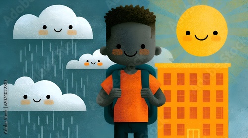 Cheerful African American boy with a backpack ready for school, depicted with smiling sun and rain clouds above a vibrant orange building