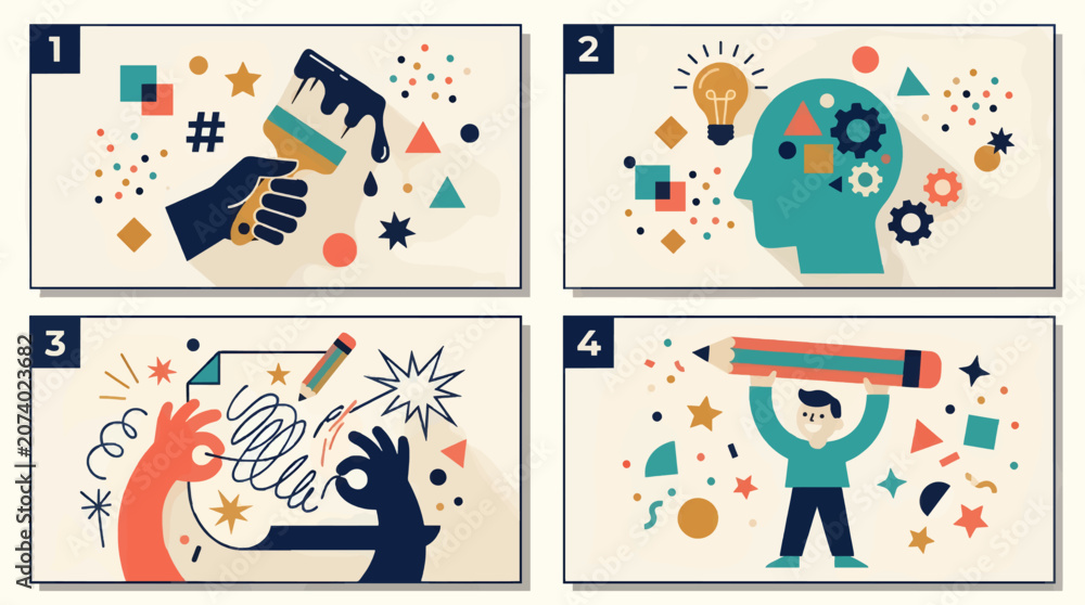 Fototapeta premium Flat Illustration of Creative Process Stages: Painting, Idea Generation, Drawing, and Celebration with Geometric Elements, Four Panel Concept