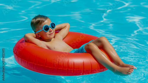 A boy wearing bright round sunglasses lies relaxed on an inflatable red circle in a swimming pool on a sunny summer day, enjoying a vacation.