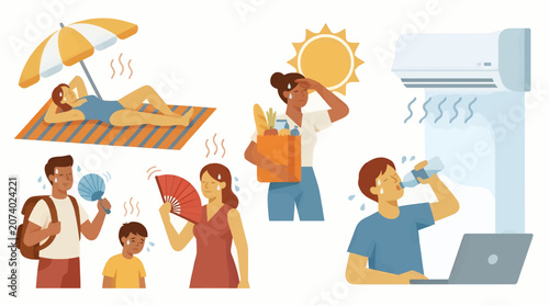 Tableau sur toile Flat Vector Illustration of Diverse People Suffering from Heatwave, Seeking Relief with Fans, Umbrella, Air Conditioning, and Hydration, Summert