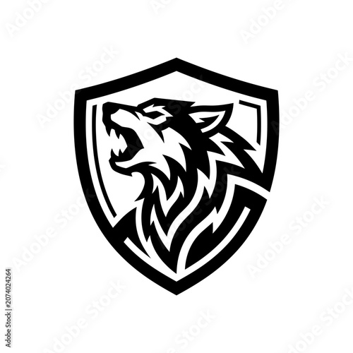 Black wolf head in shield logo.