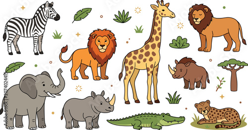 Photography Cute Cartoon Safari Animals Vector Set Featuring Lion, Giraffe, Elephant, Zebra,