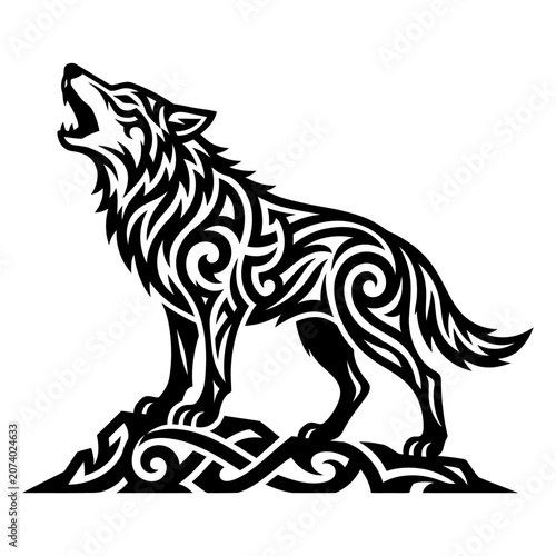Celtic wolf howling in black design.