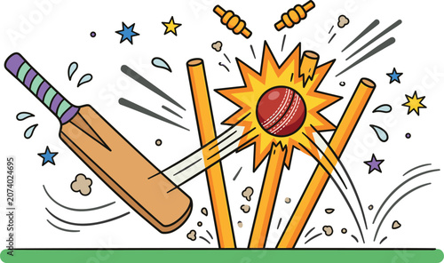 Canvastavla Cricket Ball Hitting Stumps and Wickets with Flying Bails and Bat Cartoon Illust
