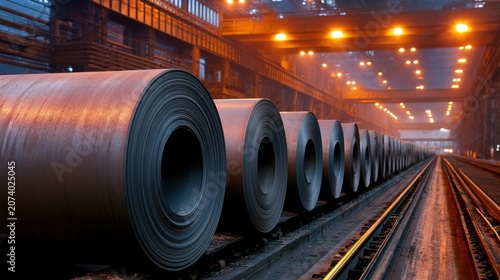 Hot rolled steel coils in industrial factory mill