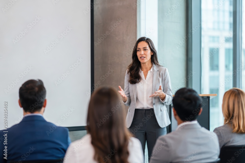 Fototapeta premium Confident businesswoman giving a professional presentation in a modern corporate office