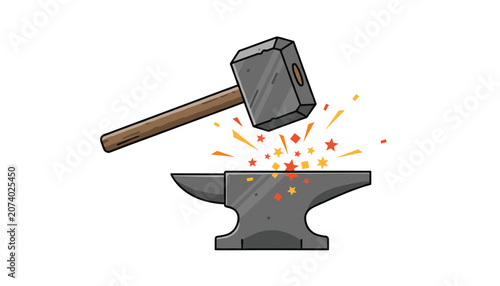 Heavy metal hammer striking an anvil with colorful star shaped sparks representing forging metalwork and blacksmith craftsmanship.