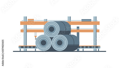 Industrial warehouse storage racks featuring heavy steel coils organized for manufacturing inventory management and distribution facility efficiency.