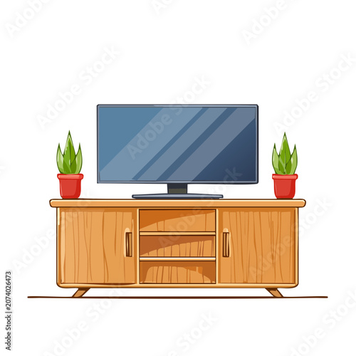 Flat illustration of television on wooden cabinet with plants