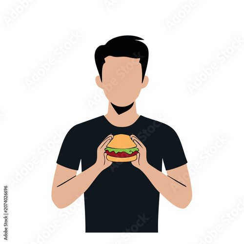 Man holding hamburger flat vector illustration