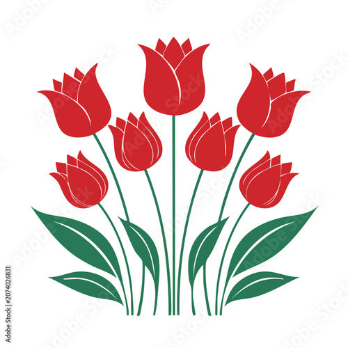 Red Tulips with Green Leaves Vector Illustration