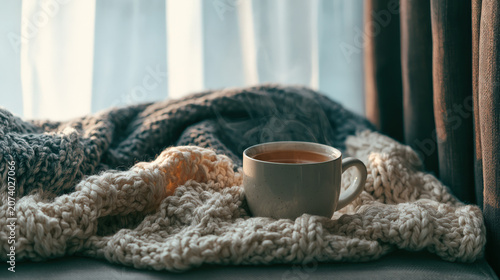 Cozy knit blanket rests beside a steaming mug