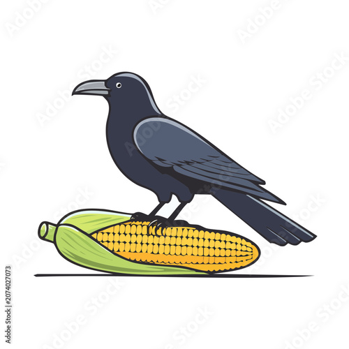 Black Crow Perched on Ear of Corn Vector Illustration