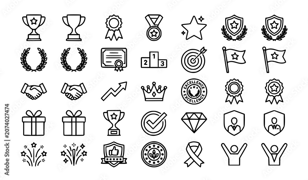 Fototapeta premium Success Achievement and Award Outline Icon Set with Trophy Ribbon Winner Star and Editable Stroke Vector