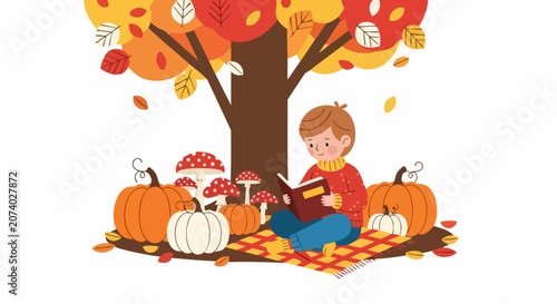Boy Reading Under Autumn Tree with Pumpkins and Mushrooms.