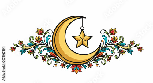 Golden Crescent Moon with Star and Floral Ornaments.