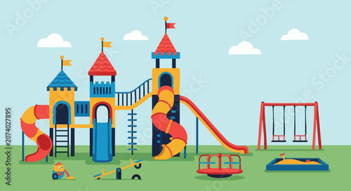 Colorful childrens playground with slides, swings, and sandbox.