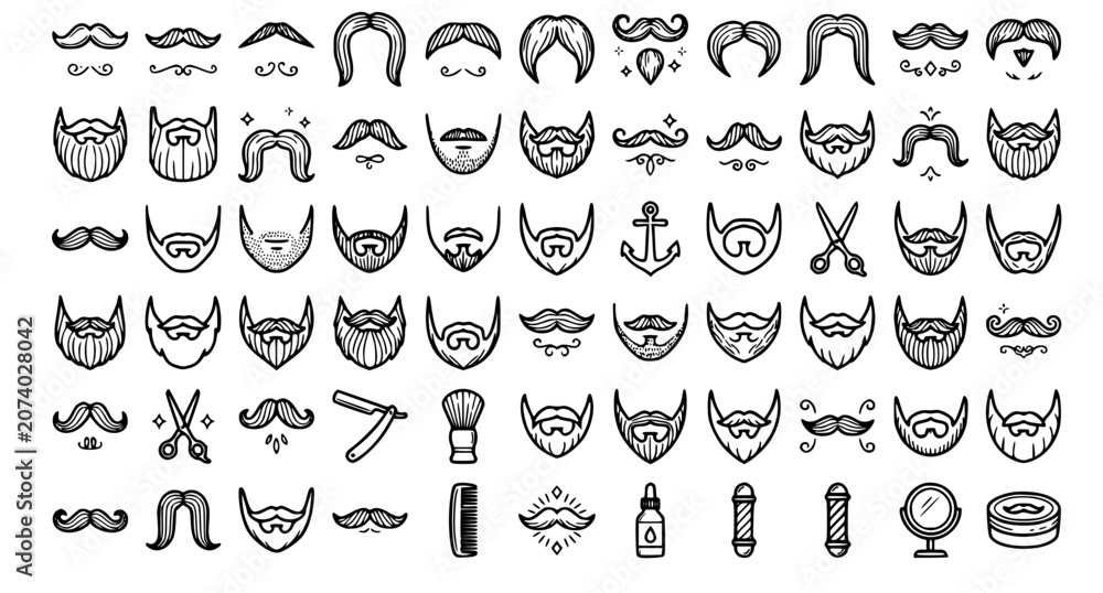Fototapeta premium Collection of various beard and mustache styles with barber tools