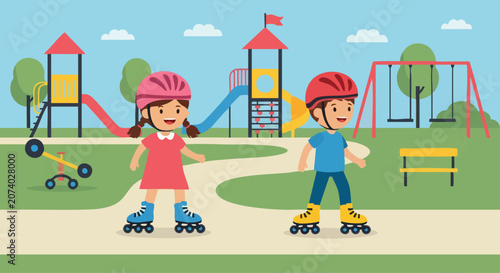 Children Roller Skating in a Park with Safety Gear.