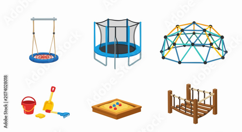 Playground Equipment Set - Swing, Trampoline, Climbing Dome, Sand Toys, Sandbox, and Rope Climber.