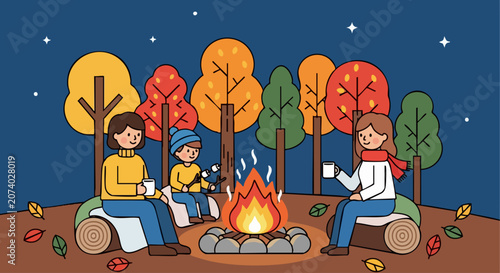Family Gathered Around Campfire Enjoying Hot Drinks Under Starry Night.