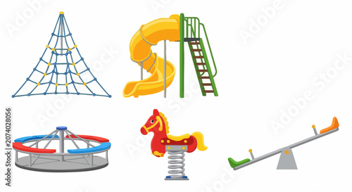 Playground Equipment Set with Climbing Frame, Slide, Merry-Go-Round, Rocking Horse, and Seesaw.