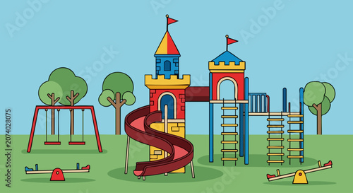 Colorful Playground with Swings, Slides, and Climbing Structures for Childrens Fun.