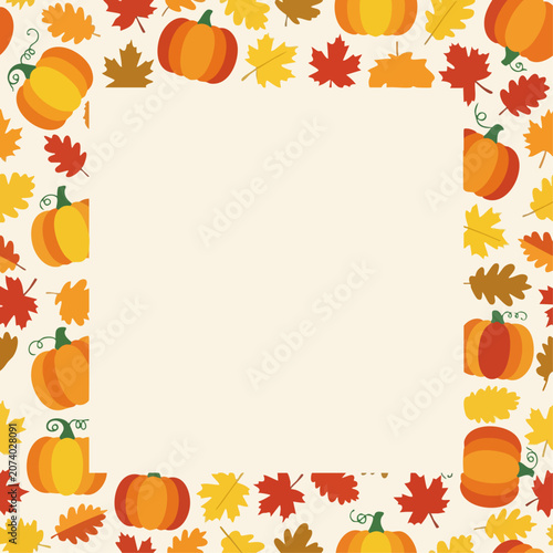 Autumn Frame with Pumpkins and Leaves for Thanksgiving and Fall Season.