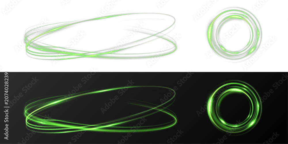 Naklejka premium Green Neon Energy Portal Ring and Elliptical Light Trail Set with Futuristic Glow Effect Isolated on Transparent Background