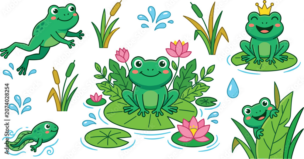 Fototapeta premium Cute Kawaii Frog Character Vector Sticker Set featuring Frog Prince with Crown, Lily Pads, Lotus Flowers, Tadpole, and Pond Lifecycle Elements