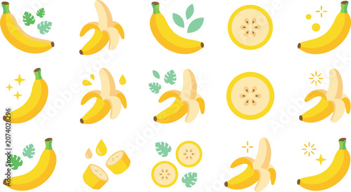 Yellow Banana Fruit Vector Icon Set Featuring Whole Bananas, Peeled Slices, Tropical Monstera Leaves, and Sparkle Accents for Healthy Food Designs