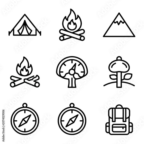 Camping icons and travel symbols.