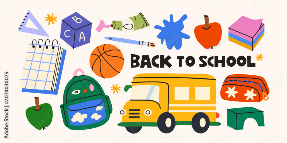 Fototapeta premium Back to school stickers set in cartoon trendy style. Cute elements collection of school supplies, yellow bus, backpack, stationary, apple, basketball ball, notebook. Vector educational illustrations