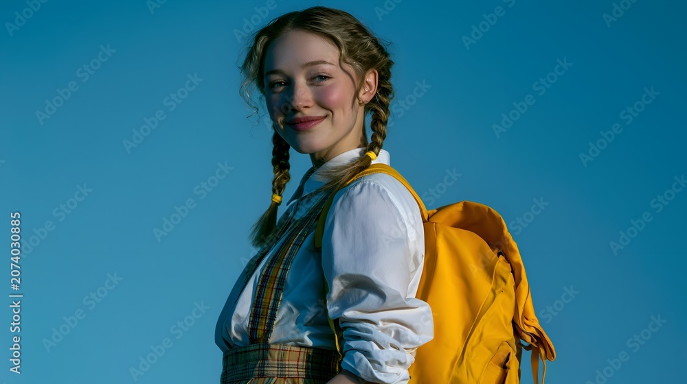 Fototapeta premium Happy young woman with pigtails and a yellow backpack smiling cheerfully against a clear blue sky