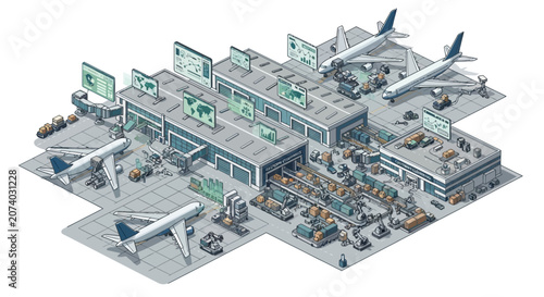 Isometric view of a modern international airport terminal building with airplanes.