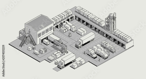 Isometric illustration of a modern industrial warehouse and logistics center.