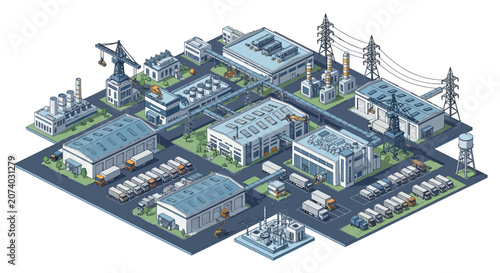 Isometric illustration of an industrial manufacturing plant complex with warehouses and infrastructure.