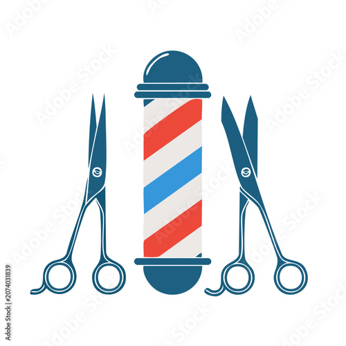 Barber Pole and Scissors Flat Vector Illustration