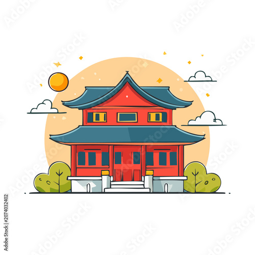 Traditional Asian Temple Flat Vector Illustration