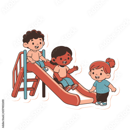 Cartoon children playing on a playground slide