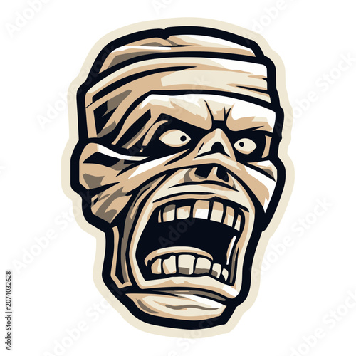 Cartoon mummy head with bandages and open mouth