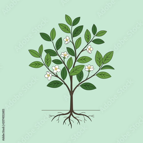 A small green tree with white flowers and visible roots
