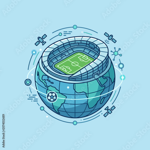 A soccer stadium sits on top of a blue globe with satellites