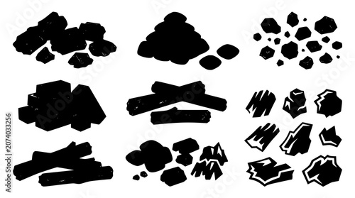 Foto Black Charcoal Vector Pack with Coal Chunks Briquettes and Grilling Fuel Element