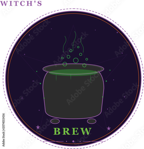 Witch's Brew Cauldron Halloween Badge with Green Potion Bubbles and Mystical Stars — Dark Purple Green Vector Illustration
